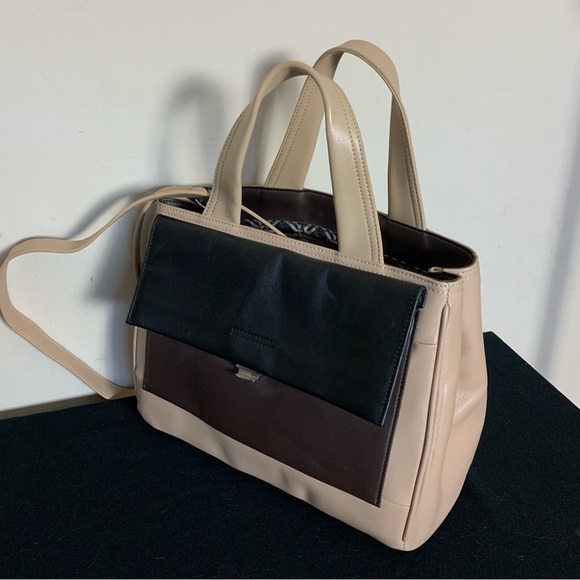 PERLINA Beige Brown Black COLORBLOCK Audrey LEATHER Convertible BAG Purse - Picture 2 of 7